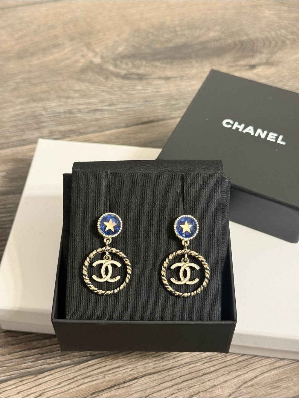 CHANEL White Enamel CC Blue Star Accent Gold Dangle Earrings